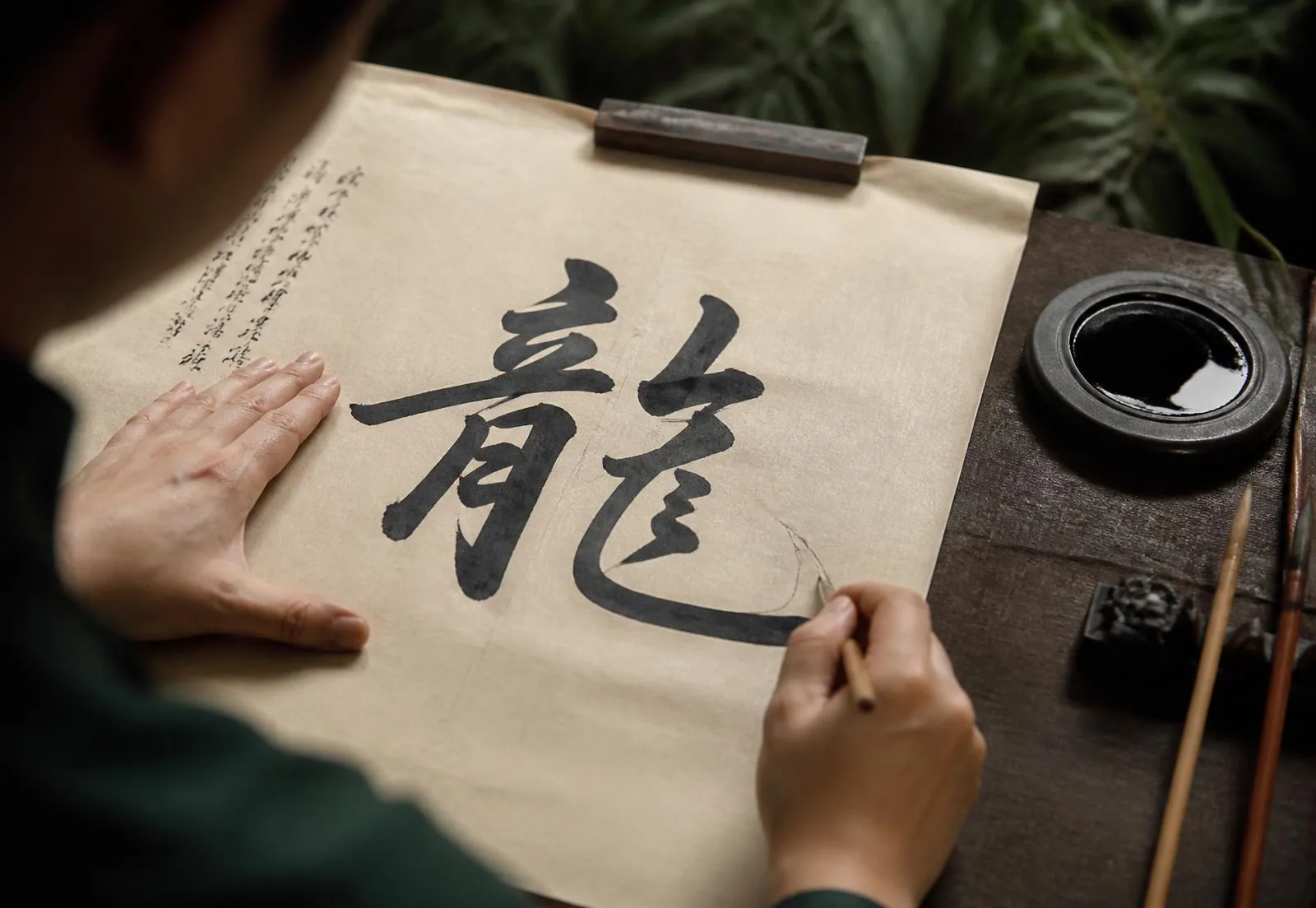 A calligrapher's hands tracing a Tao Calligraphy character in black ink on warm cream paper